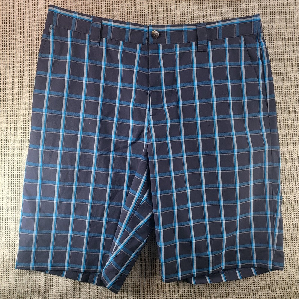 Adidas Shorts Mens 36 Blue Plaid Golf Chino Flat Front Performance Casual